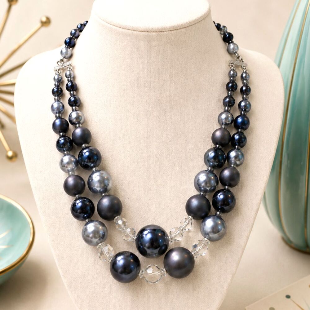 Vintage Japan Blue Gray Multi Strand Beaded Necklace Mid Century
